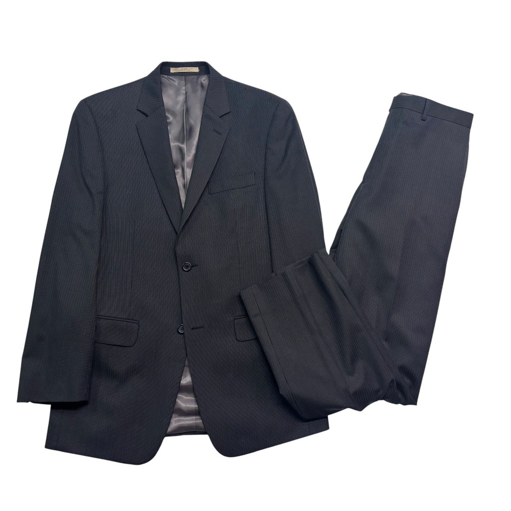 Joseph Abboud 38L 32x32 Black Stripe 2pc Pant Suit 100% Wool Flat Front Modern